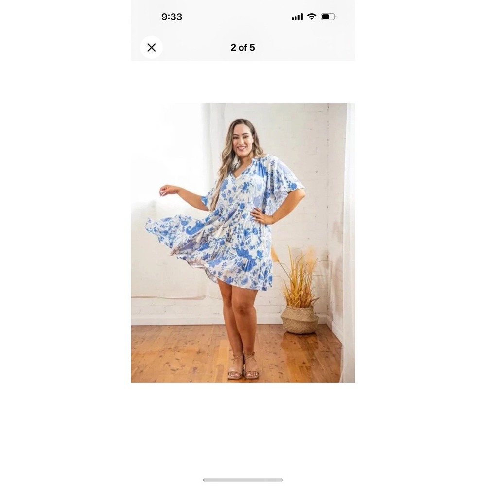 Dani Marie Plus Size US 14 Short Boho Paisley‎ Floral Print White & Blue Dress